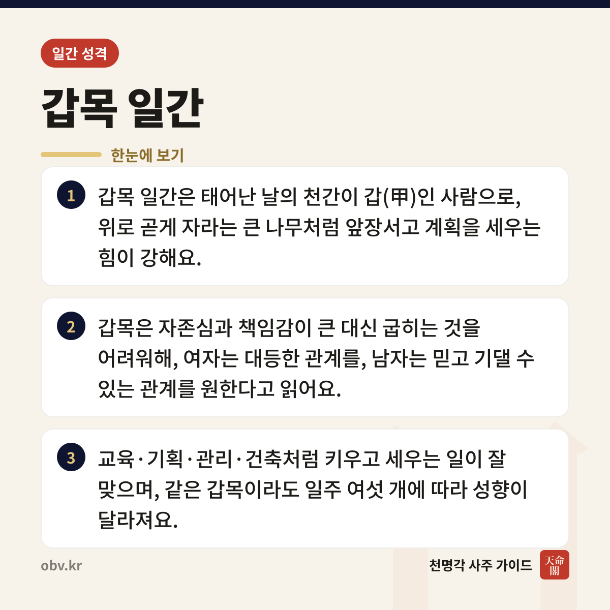 갑목 일간 한눈에 보기: 갑목 일간은 태어난 날의 천간이 갑(甲)인 사람으로, 위로 곧게 자라는 큰 나무처럼 앞장서고 계획을 세우는 힘이 강해요. 갑목은 자존심과 책임감이 큰 대신 굽히는 것을 어려워해, 여자는 대등한 관계를, 남자는 믿고 기댈 수 있는 관계를 원한다고 읽어요. 교육·기획·관리·건축처럼 키우고 세우는 일이 잘 맞으며, 같은 갑목이라도 일주 여섯 개에 따라 성향이 달라져요.