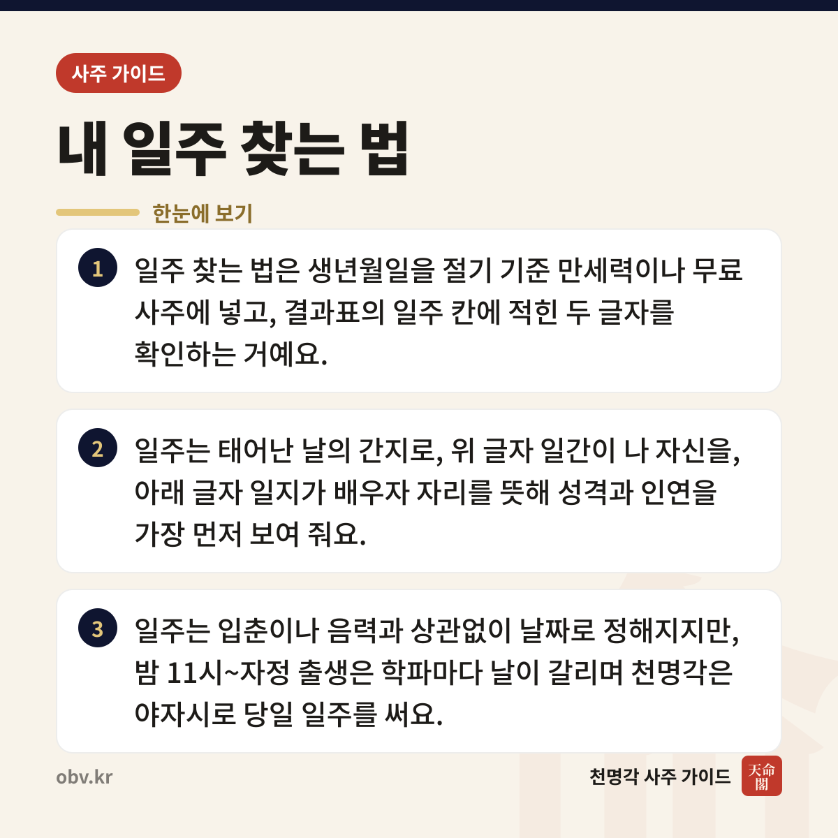 내 일주 찾는 법 한눈에 보기: 일주 찾는 법은 생년월일을 절기 기준 만세력이나 무료 사주에 넣고, 결과표의 일주 칸에 적힌 두 글자를 확인하는 거예요. 일주는 태어난 날의 간지로, 위 글자 일간이 나 자신을, 아래 글자 일지가 배우자 자리를 뜻해 성격과 인연을 가장 먼저 보여 줘요. 일주는 입춘이나 음력과 상관없이 날짜로 정해지지만, 밤 11시~자정 출생은 학파마다 날이 갈리며 천명각은 야자시로 당일 일주를 써요.