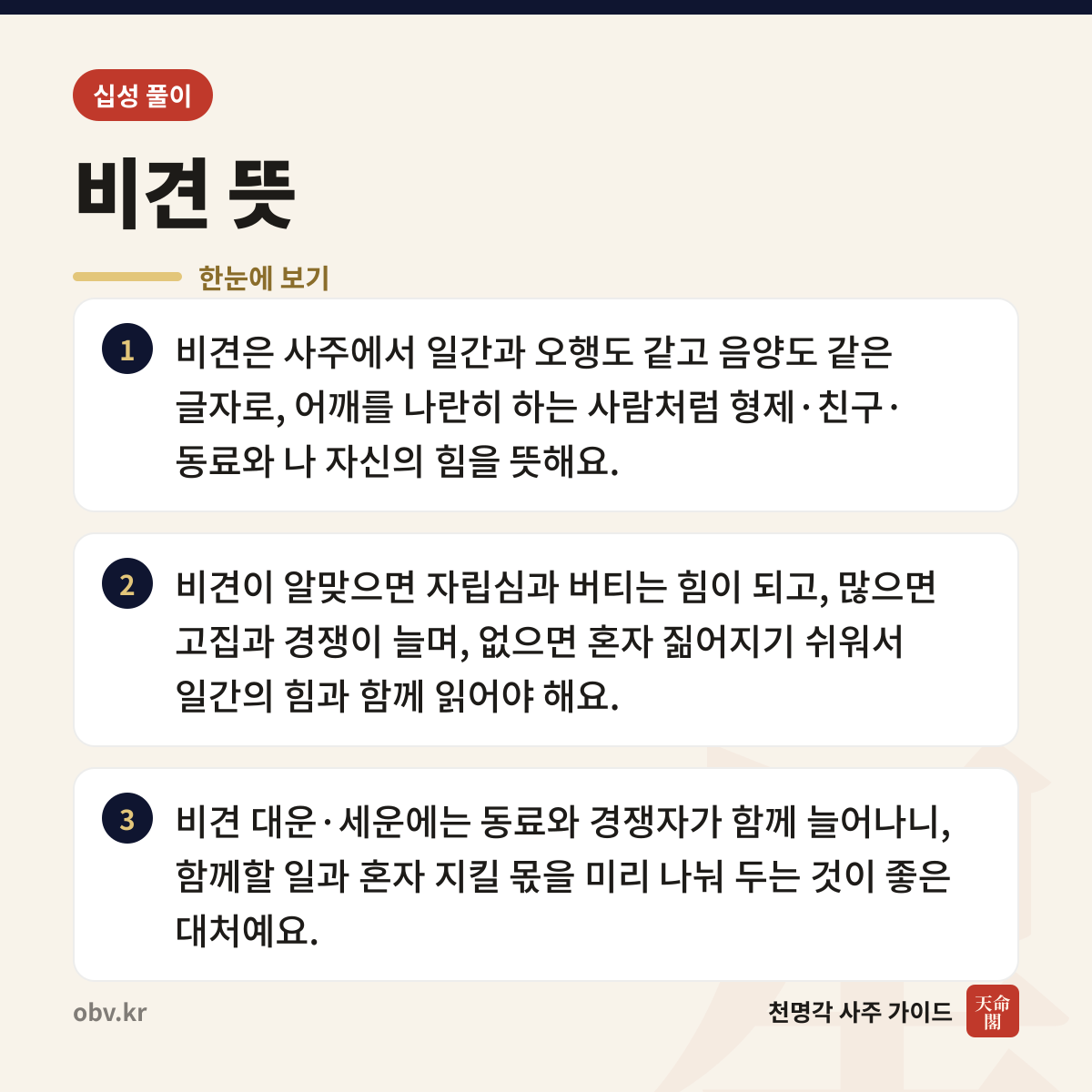 비견 뜻 한눈에 보기: 비견은 사주에서 일간과 오행도 같고 음양도 같은 글자로, 어깨를 나란히 하는 사람처럼 형제·친구·동료와 나 자신의 힘을 뜻해요. 비견이 알맞으면 자립심과 버티는 힘이 되고, 많으면 고집과 경쟁이 늘며, 없으면 혼자 짊어지기 쉬워서 일간의 힘과 함께 읽어야 해요. 비견 대운·세운에는 동료와 경쟁자가 함께 늘어나니, 함께할 일과 혼자 지킬 몫을 미리 나눠 두는 것이 좋은 대처예요.