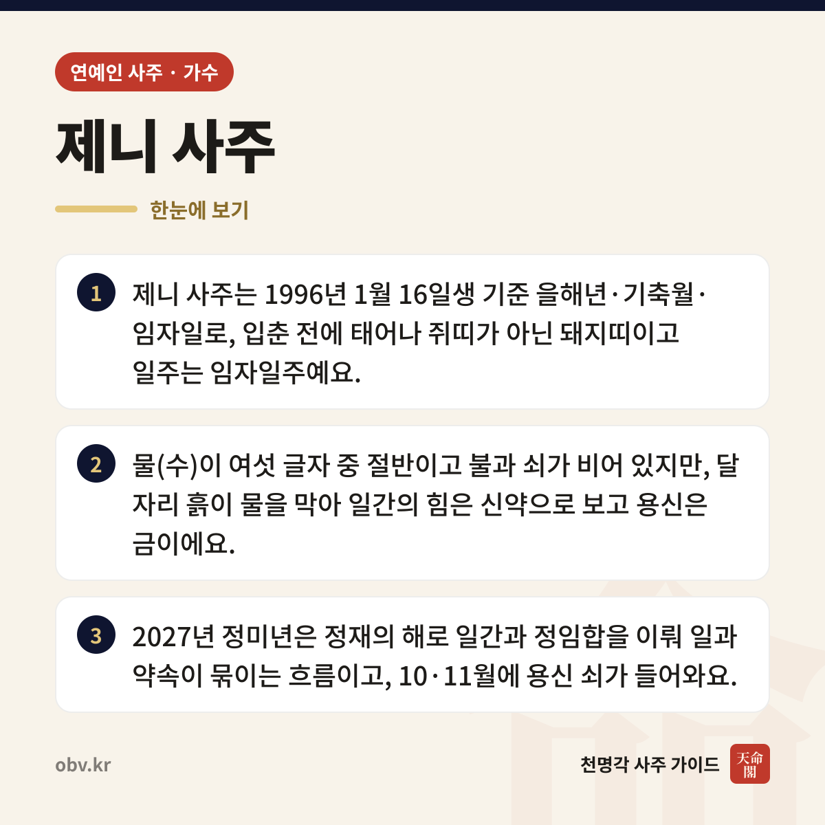 제니 사주 한눈에 보기: 제니 사주는 1996년 1월 16일생 기준 을해년·기축월·임자일로, 입춘 전에 태어나 쥐띠가 아닌 돼지띠이고 일주는 임자일주예요. 물(수)이 여섯 글자 중 절반이고 불과 쇠가 비어 있지만, 달 자리 흙이 물을 막아 일간의 힘은 신약으로 보고 용신은 금이에요. 2027년 정미년은 정재의 해로 일간과 정임합을 이뤄 일과 약속이 묶이는 흐름이고, 10·11월에 용신 쇠가 들어와요.