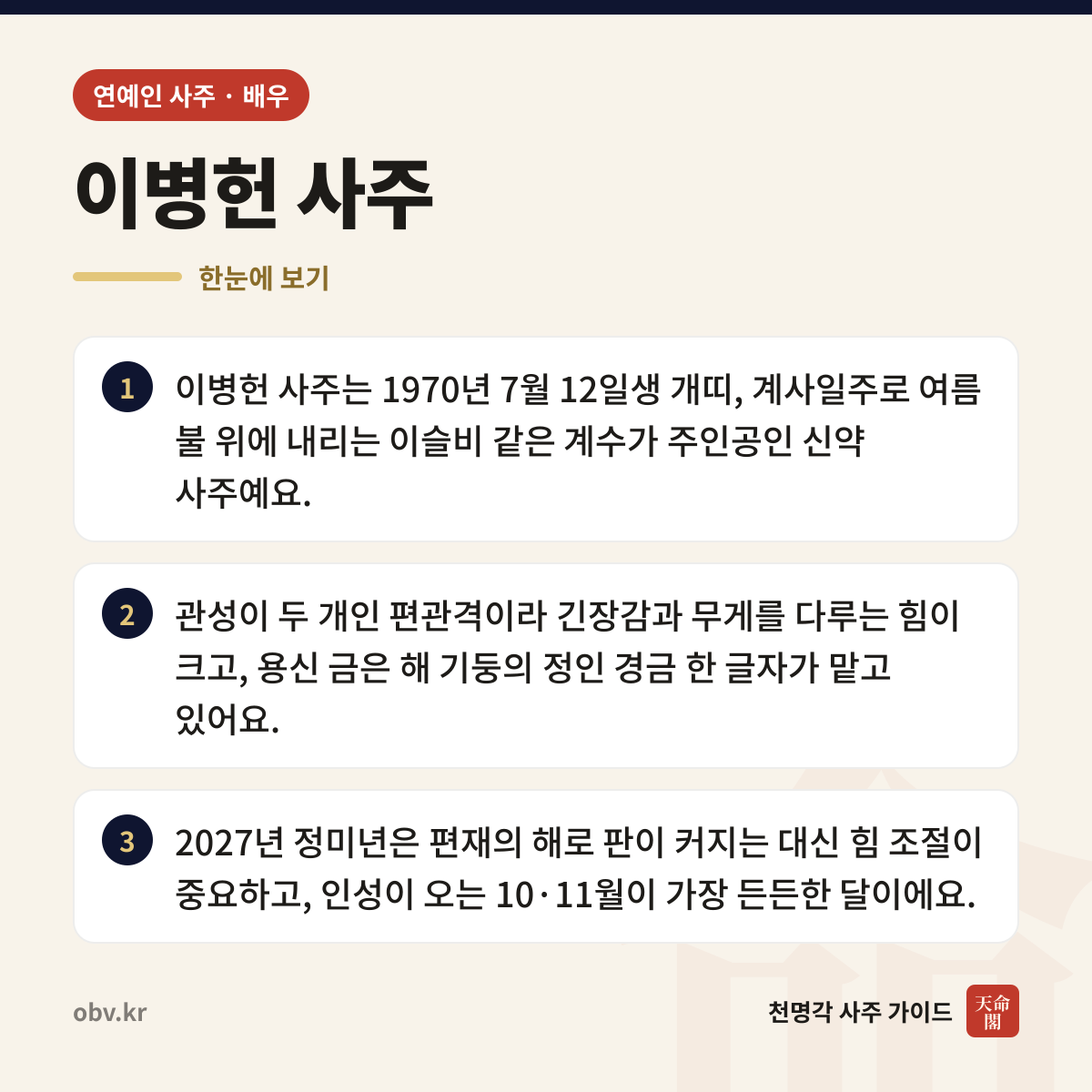 이병헌 사주 한눈에 보기: 이병헌 사주는 1970년 7월 12일생 개띠, 계사일주로 여름 불 위에 내리는 이슬비 같은 계수가 주인공인 신약 사주예요. 관성이 두 개인 편관격이라 긴장감과 무게를 다루는 힘이 크고, 용신 금은 해 기둥의 정인 경금 한 글자가 맡고 있어요. 2027년 정미년은 편재의 해로 판이 커지는 대신 힘 조절이 중요하고, 인성이 오는 10·11월이 가장 든든한 달이에요.