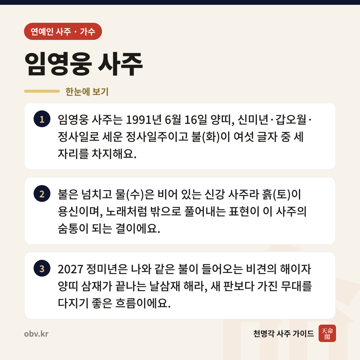 임영웅 사주 한눈에 보기: 임영웅 사주는 1991년 6월 16일 양띠, 신미년·갑오월·정사일로 세운 정사일주이고 불(화)이 여섯 글자 중 세 자리를 차지해요. 불은 넘치고 물(수)은 비어 있는 신강 사주라 흙(토)이 용신이며, 노래처럼 밖으로 풀어내는 표현이 이 사주의 숨통이 되는 결이에요. 2027 정미년은 나와 같은 불이 들어오는 비견의 해이자 양띠 삼재가 끝나는 날삼재 해라, 새 판보다 가진 무대를 다지기 좋은 흐름이에요.